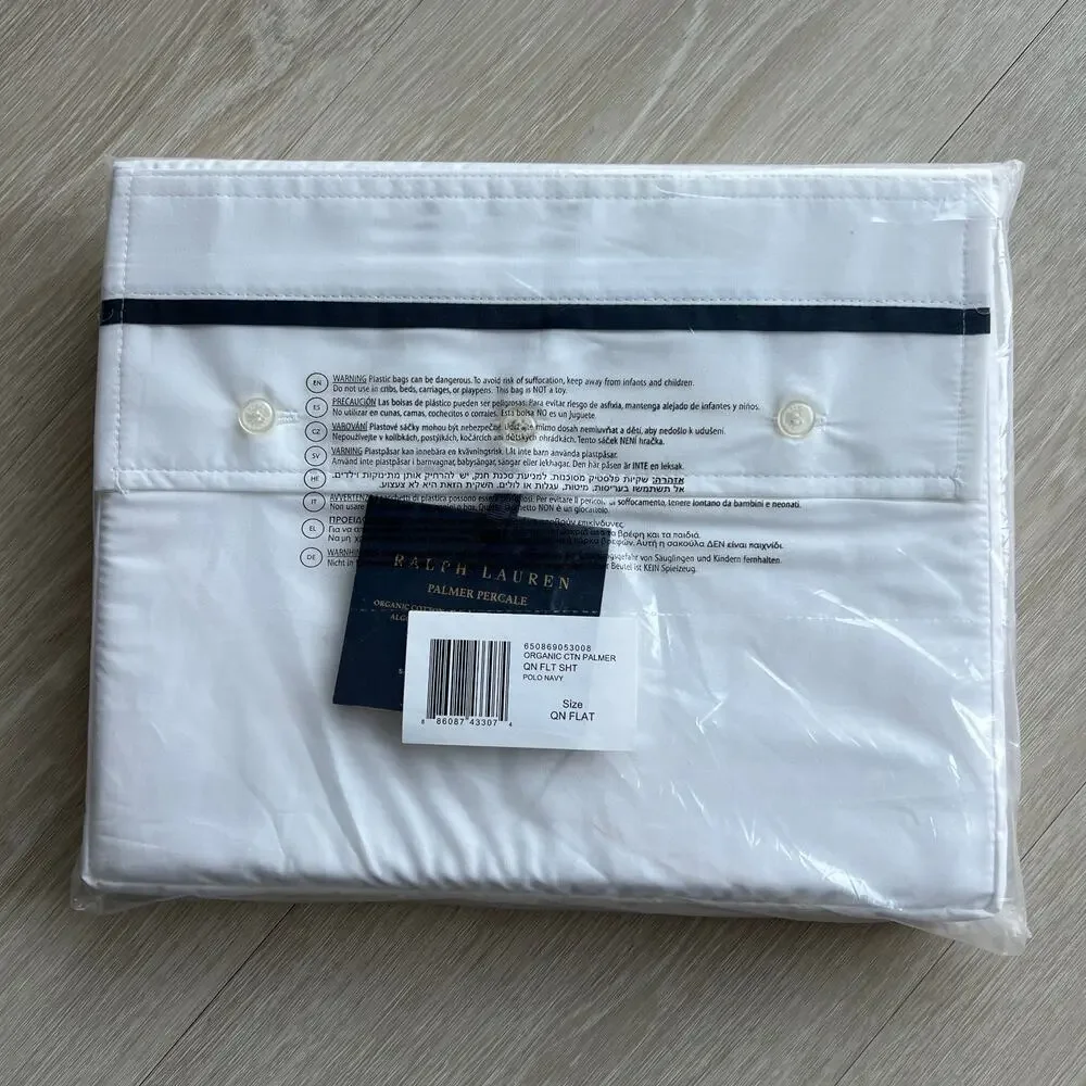 Ralph Lauren Palmer Percale Queen Flat Sheet White Polo Navy Organic Cotton